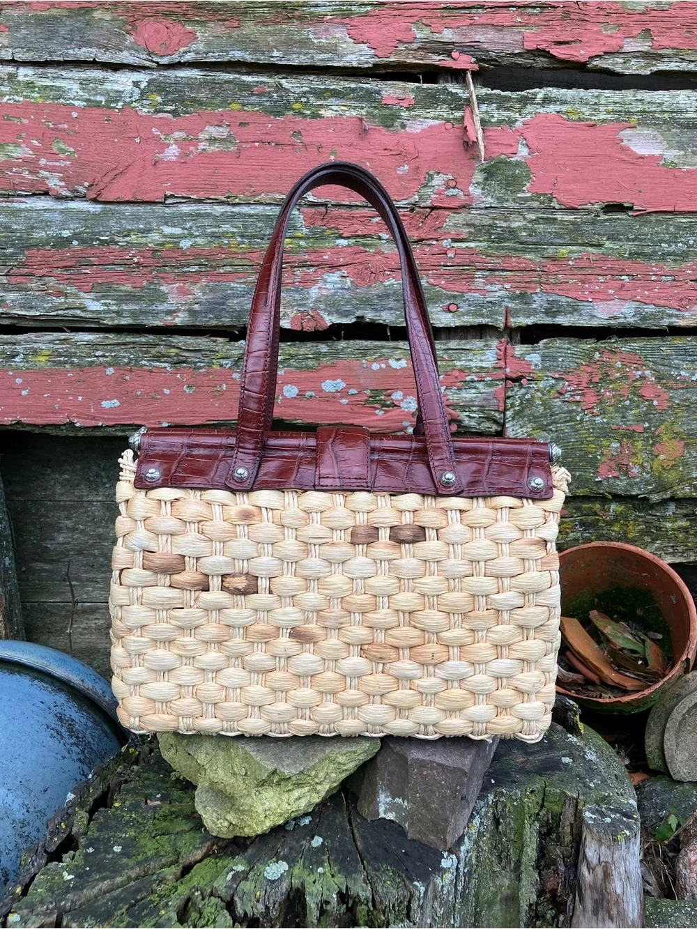 Vintage Brighton Natural Straw Purse w/ Brown Trim & Whimsical Heart Charm
